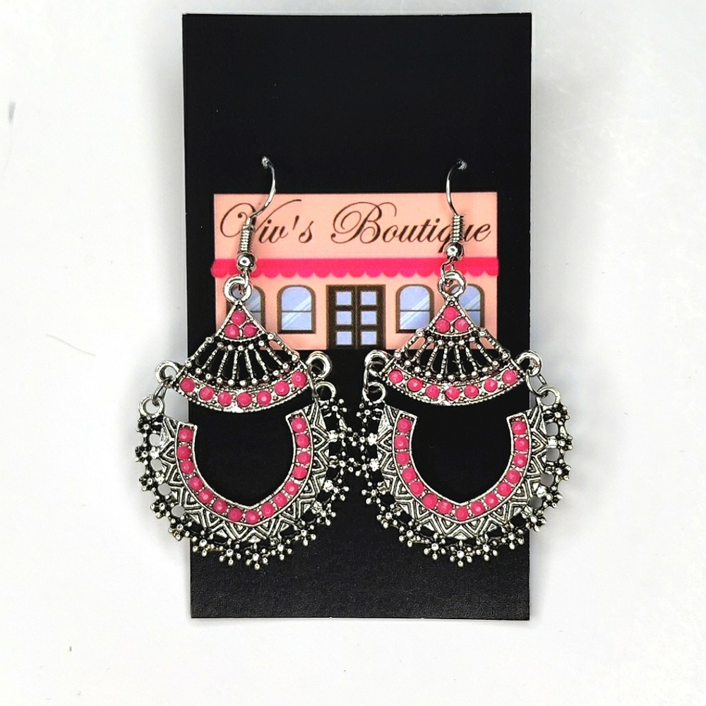 Silver Pink Bohemian Dangle Earrings